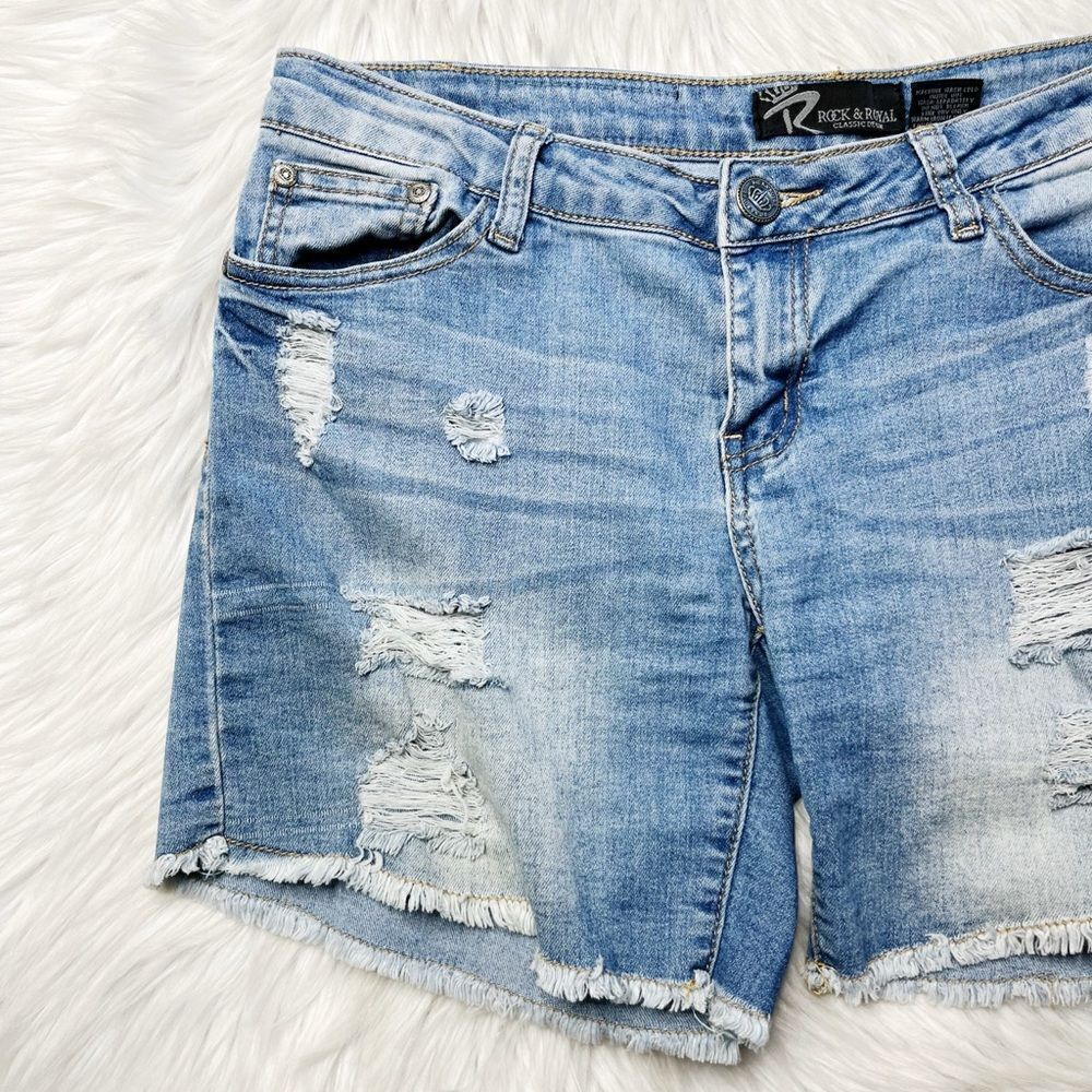 Rock and Royal Cut Off Distressed Midi Shorts Light Wash Medium